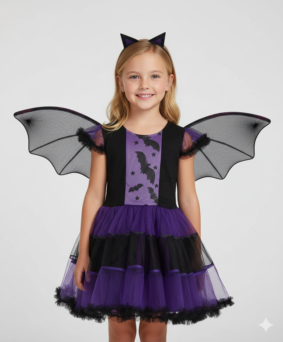 Girl's Purple Bat Costume with Wings and Headband