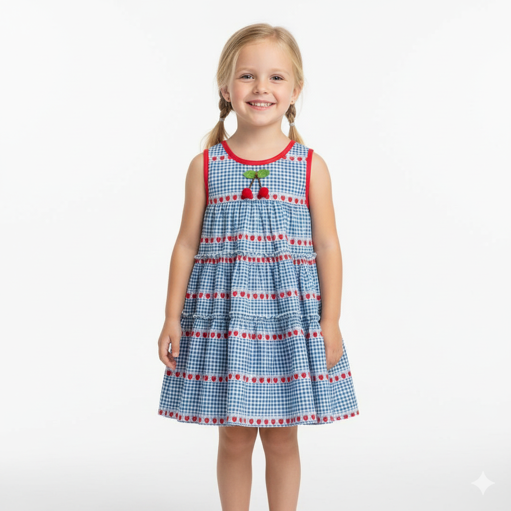 Girls Gingham Cherry Dress