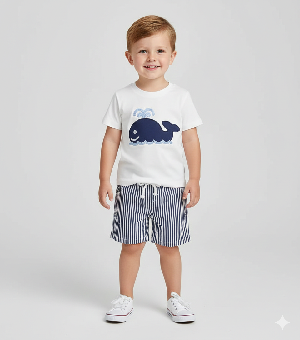 Embroidered T-Shirt & Striped Shorts Set