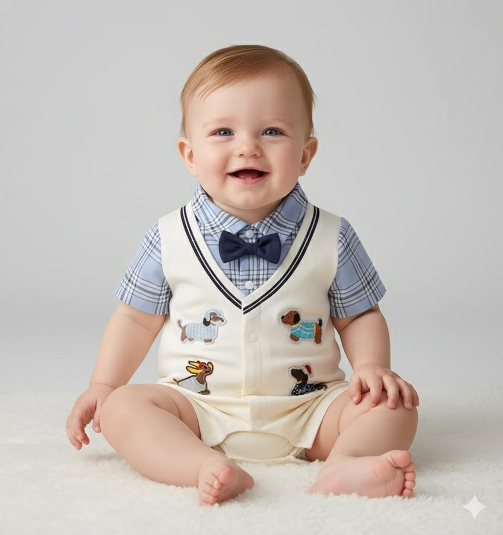 Boys' Dog-Embroidery Faux Two-Piece Romper