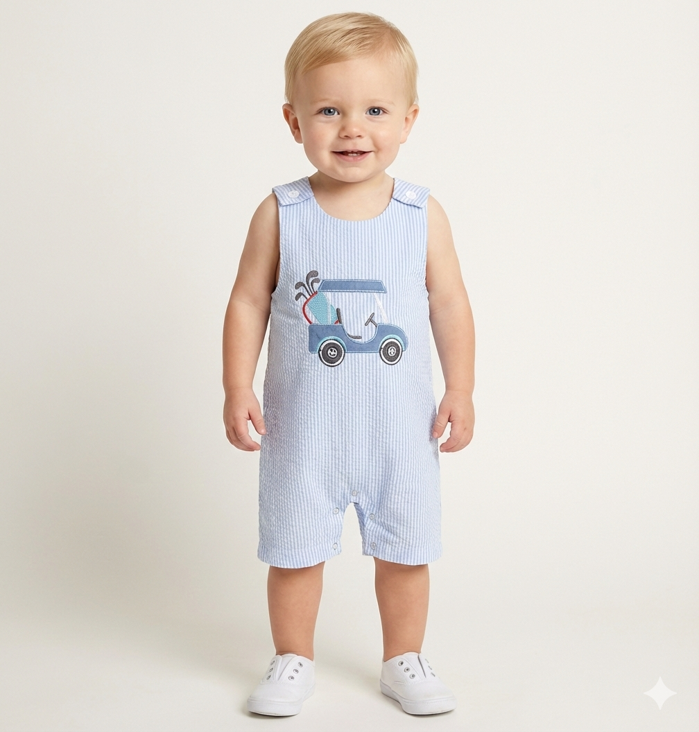 Golf Cart Appliqué Striped Romper
