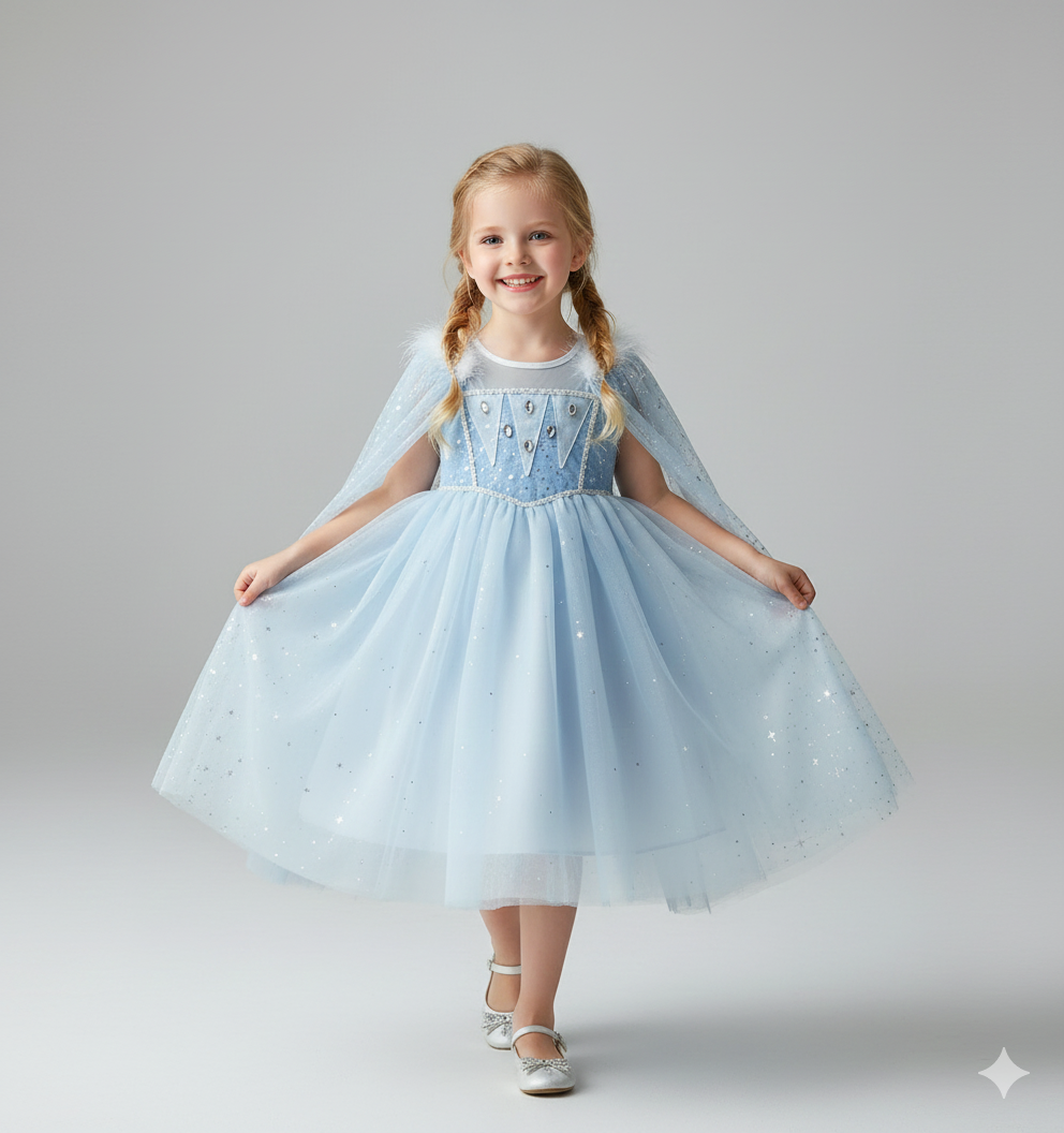 Girls' Blue Princess Dress with Detachable Shawl