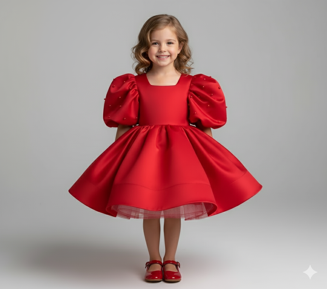 Girl's Satin Puff Sleeve Party Dress