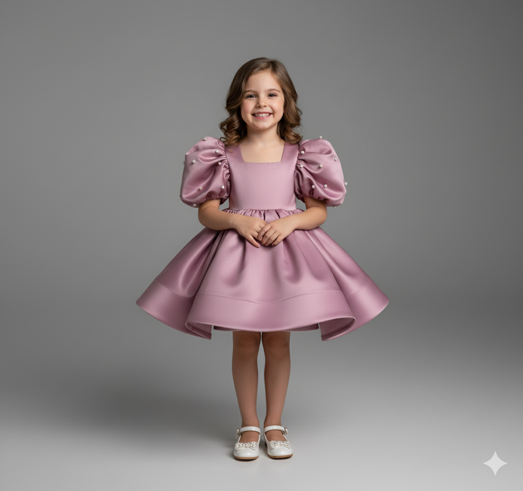 Girl's Satin Puff Sleeve Party Dress