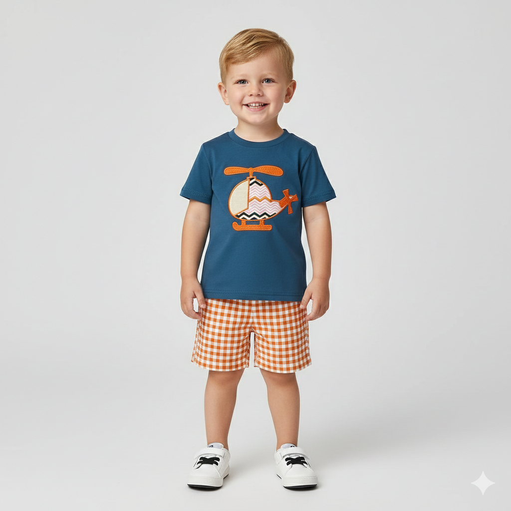 Helicopter Appliqué T-Shirt & Gingham Shorts Set