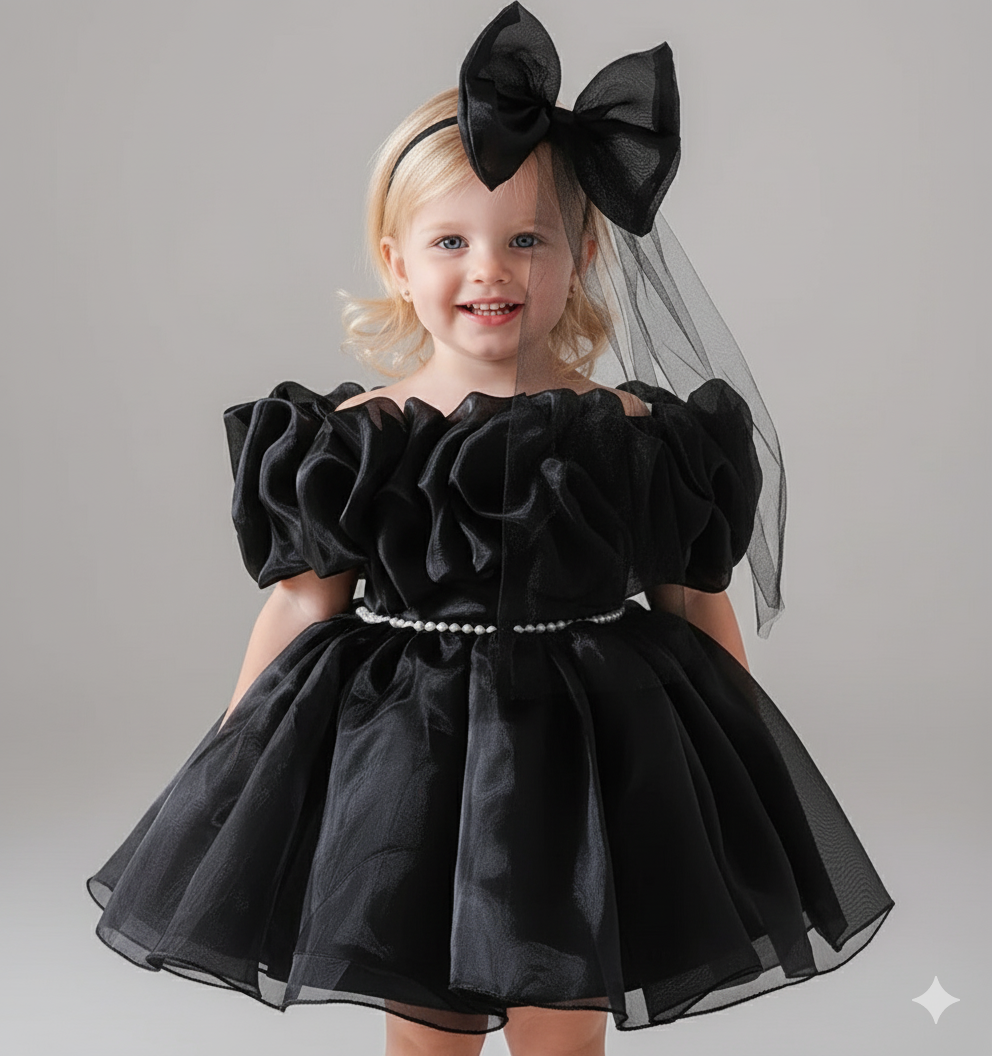 Girl's Black Couture Party Dress with Rosettes