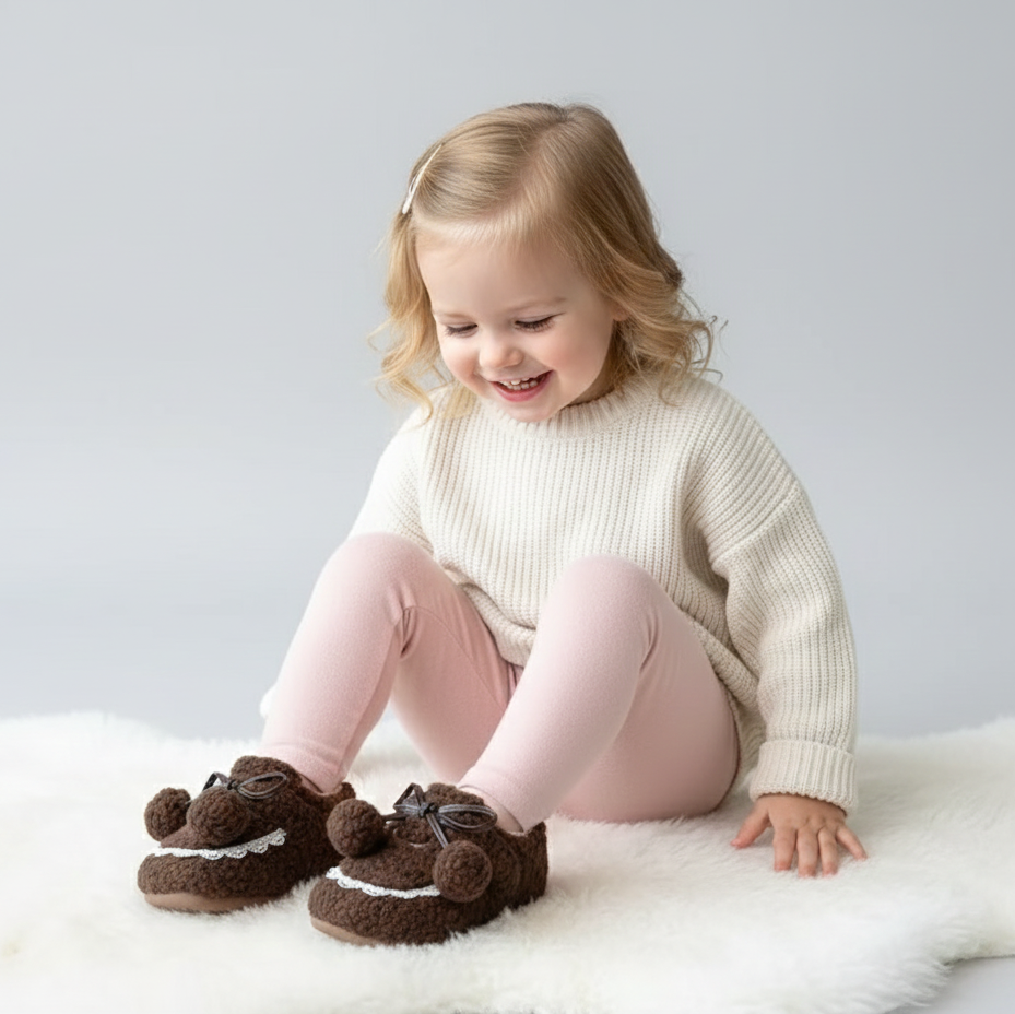 Girls' Fluffy Winter Flats with Pompoms