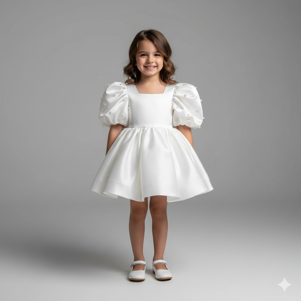 Girl's Satin Puff Sleeve Party Dress