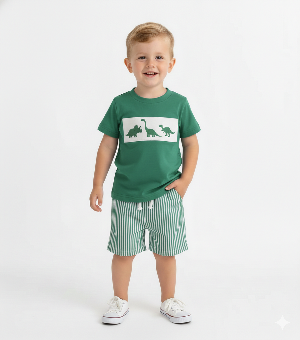 Embroidered T-Shirt & Striped Shorts Set