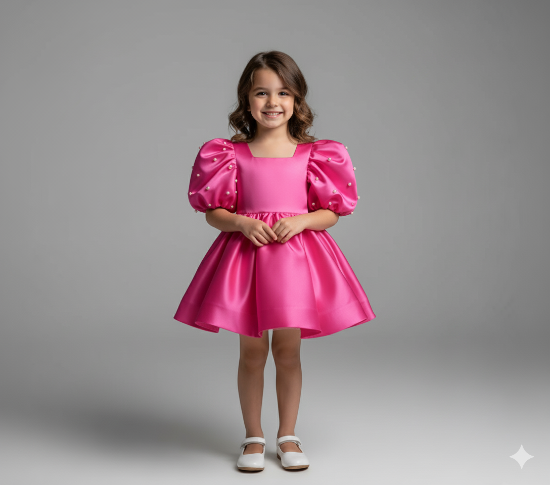 Girl's Satin Puff Sleeve Party Dress