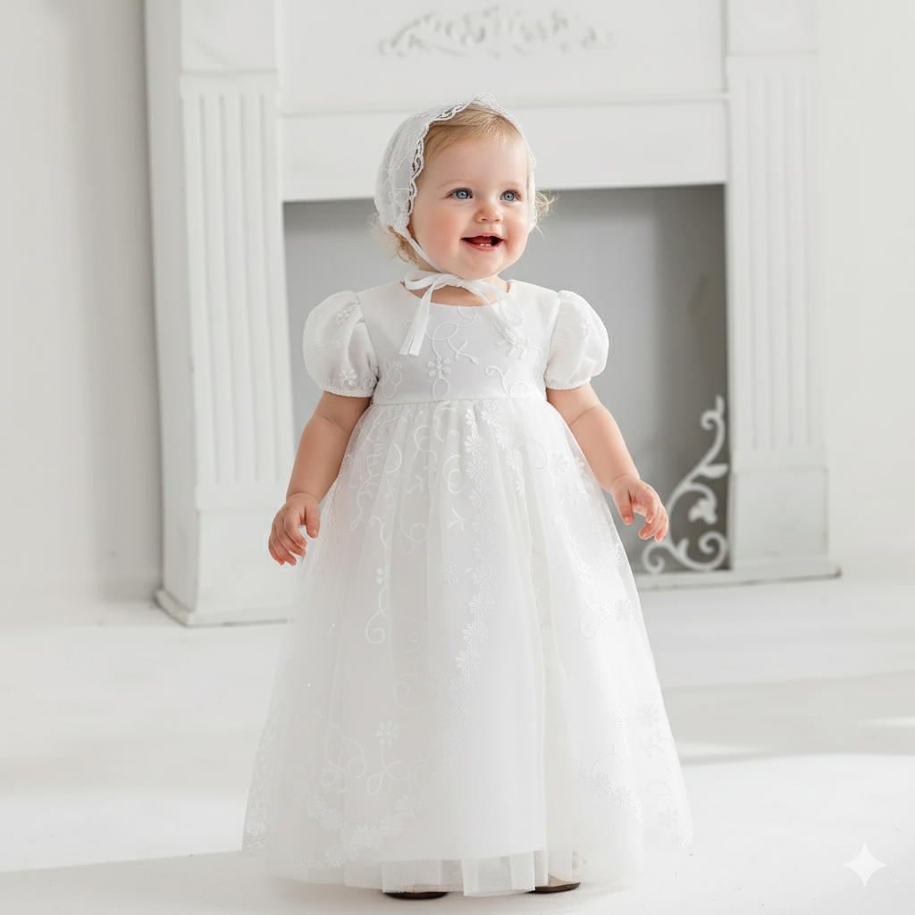Traditional Heirloom Christening Gown and Bonnet Set