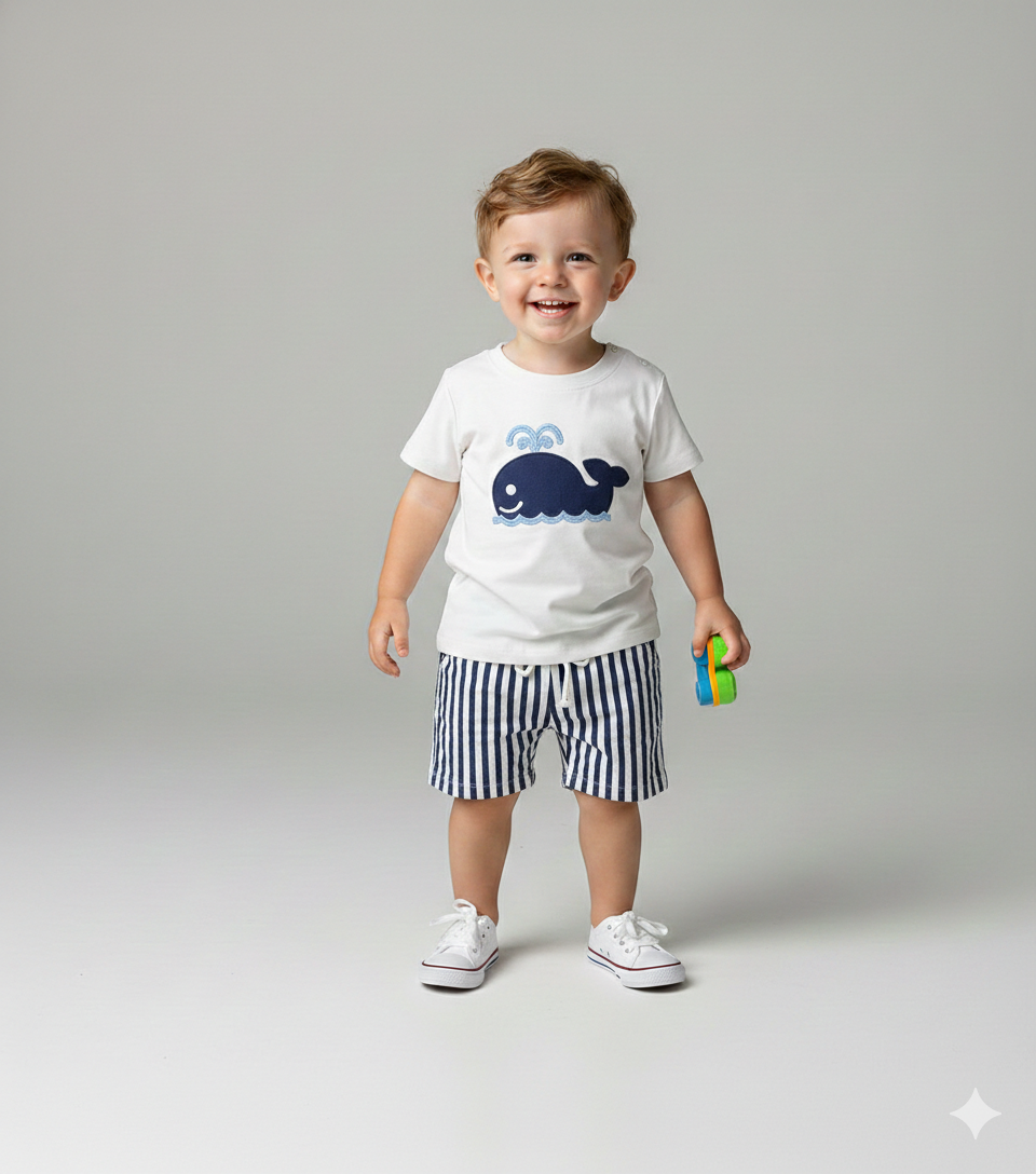 Embroidered T-Shirt & Striped Shorts Set