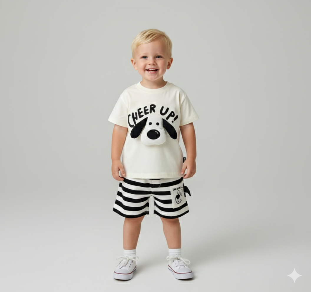 3D Puppy T-Shirt & Striped Shorts Set