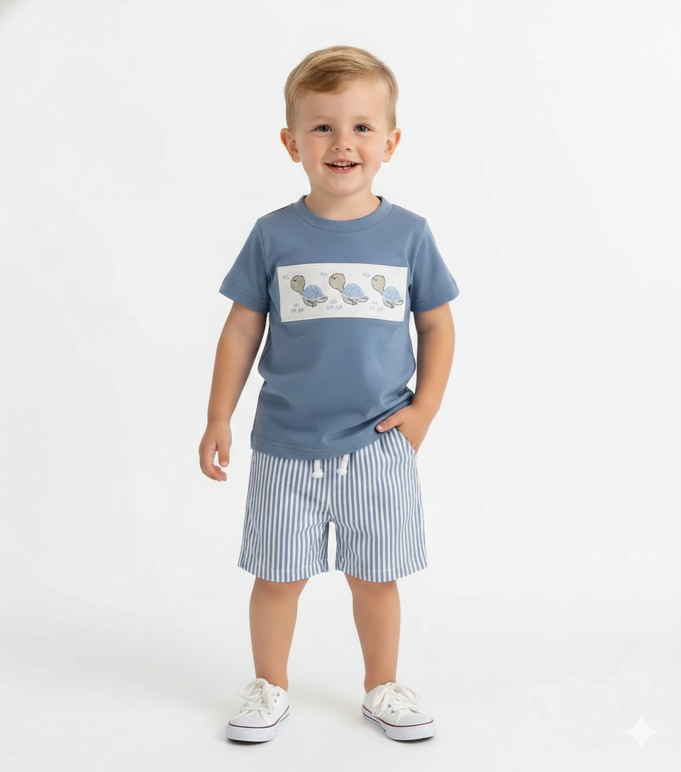 Embroidered T-Shirt & Striped Shorts Set