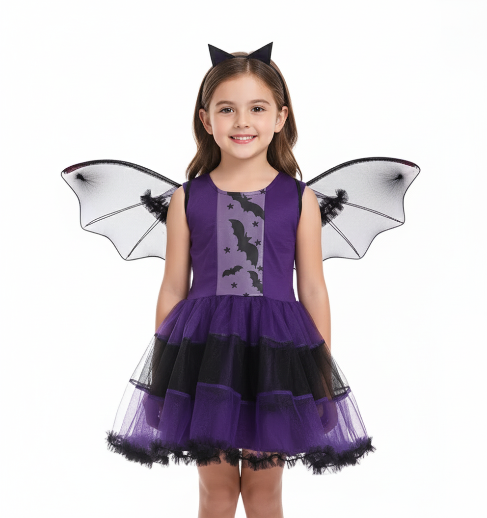 Girl's Purple Bat Costume with Wings and Headband