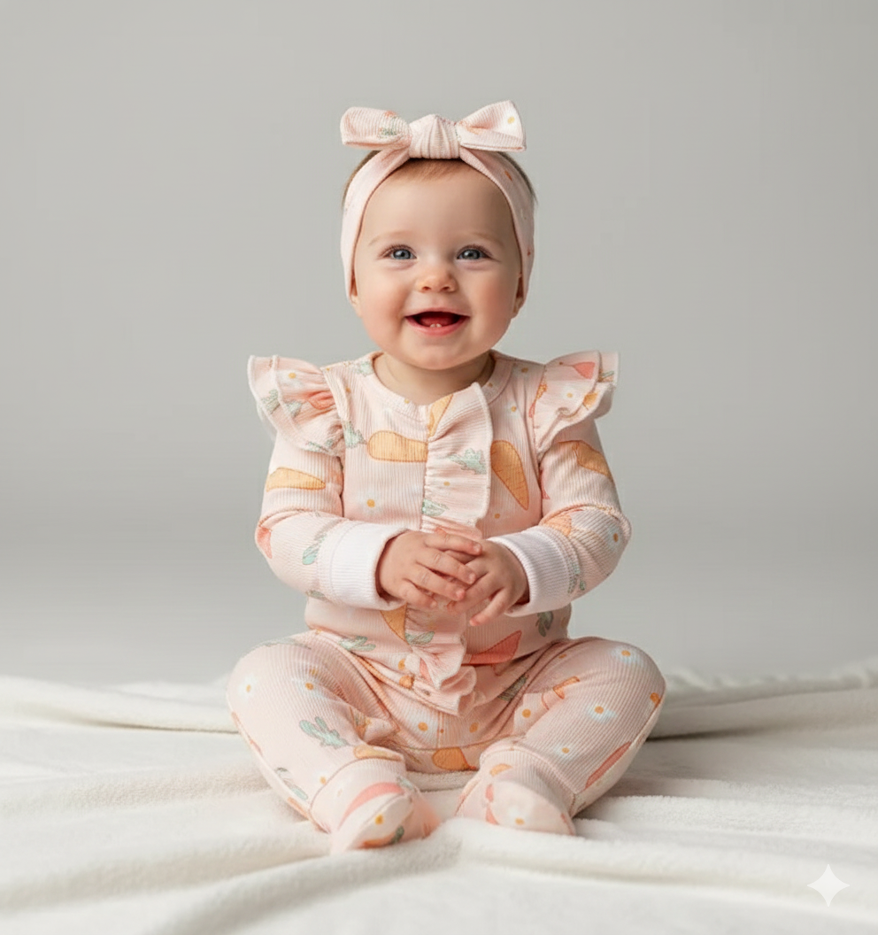 Carrot Print Ruffle Romper & Headband Set