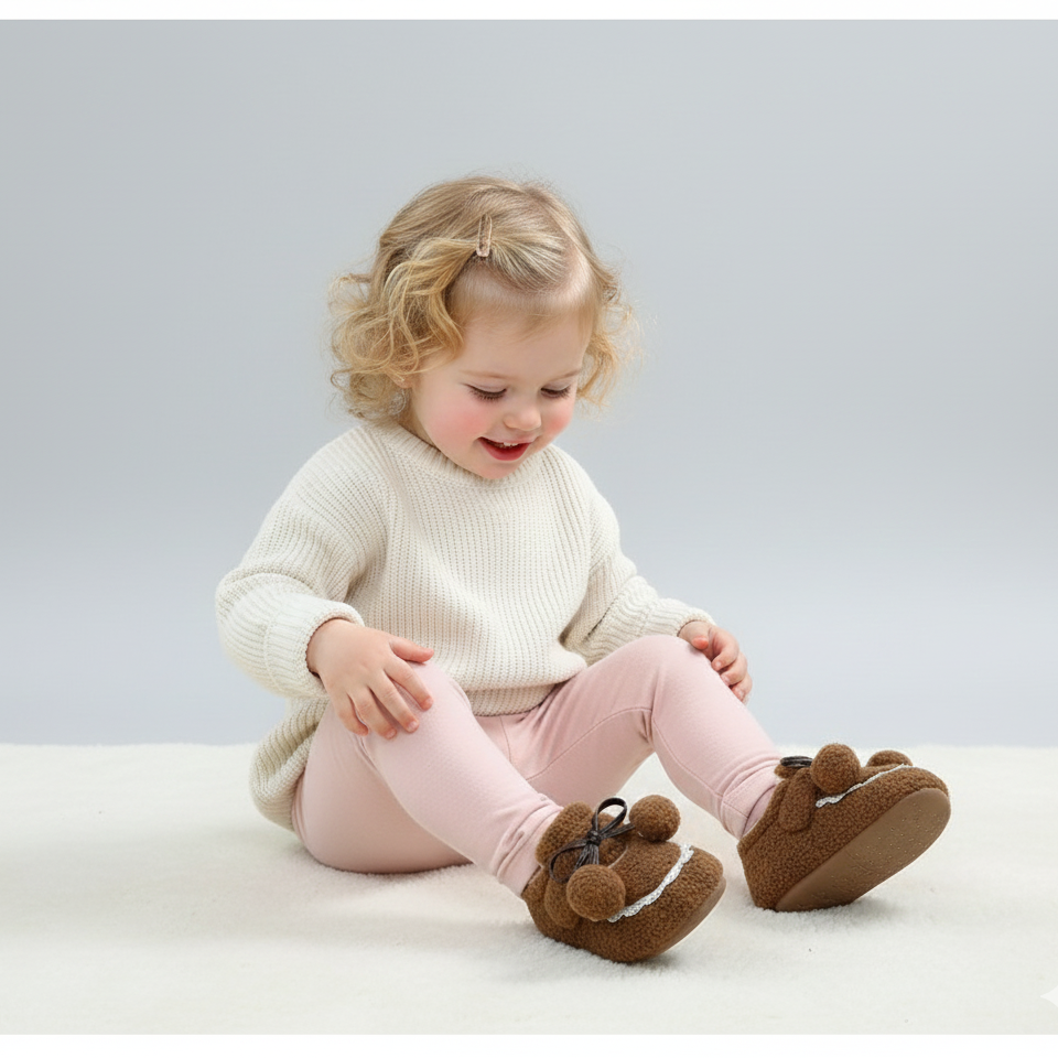 Girls' Fluffy Winter Flats with Pompoms