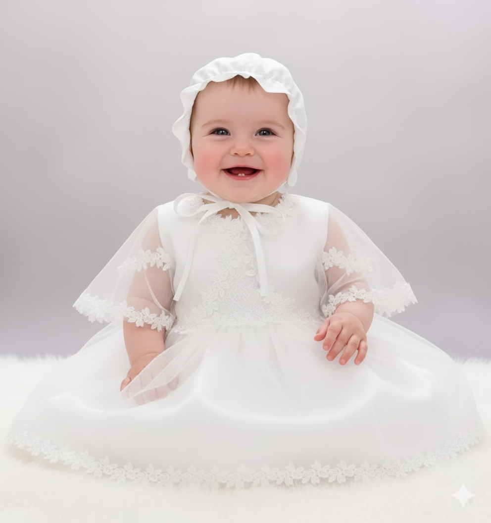 Baby Girl's Lace Baptism and Christening Gown with Bonnet and Cape