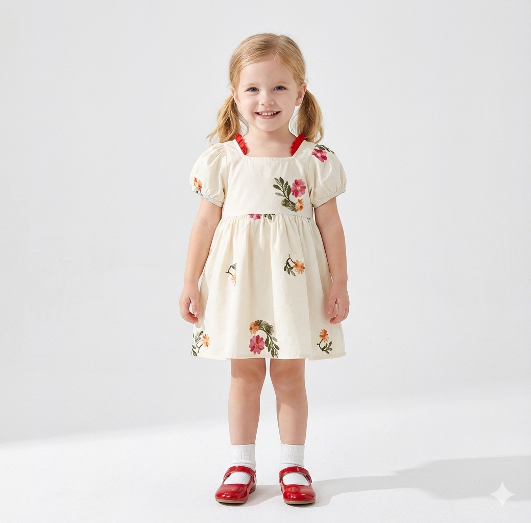 Embroidered Bubble Sleeve Dress