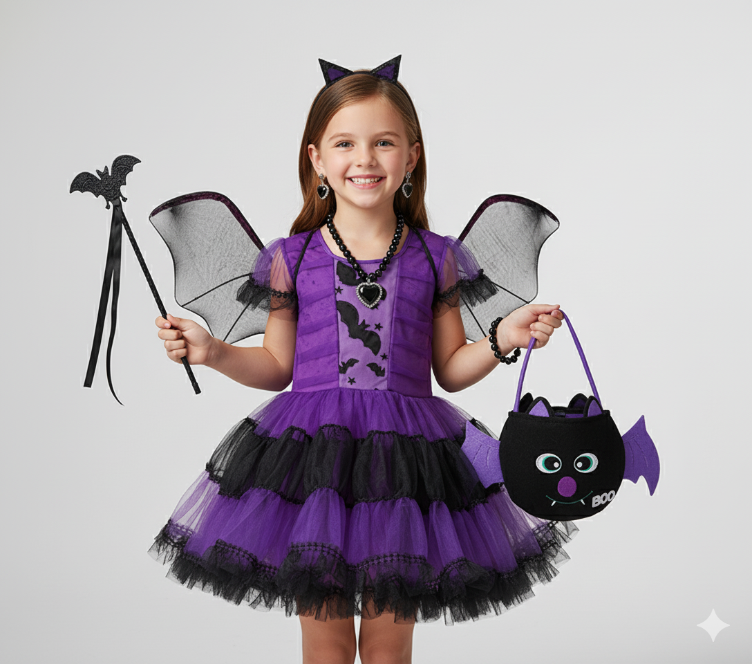 Girl's Purple Bat Costume with Wings and Headband