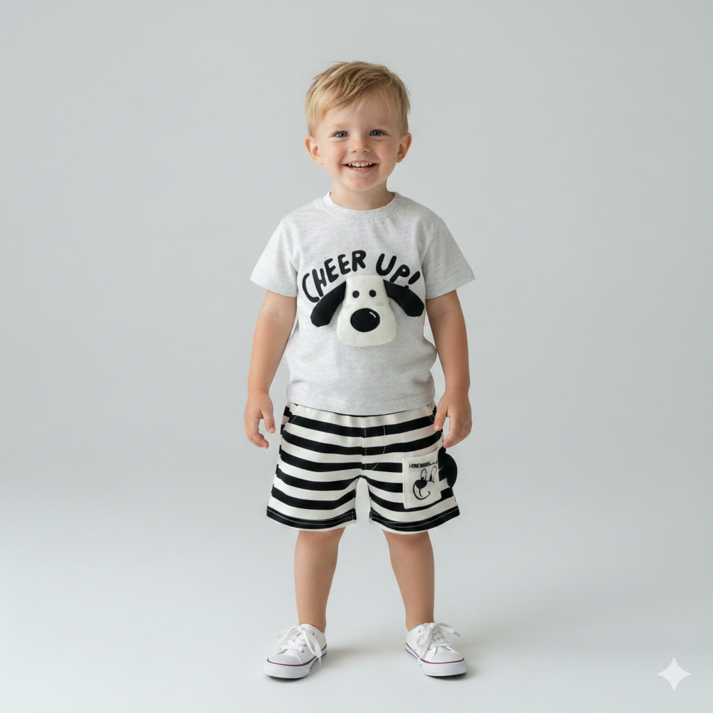 3D Puppy T-Shirt & Striped Shorts Set