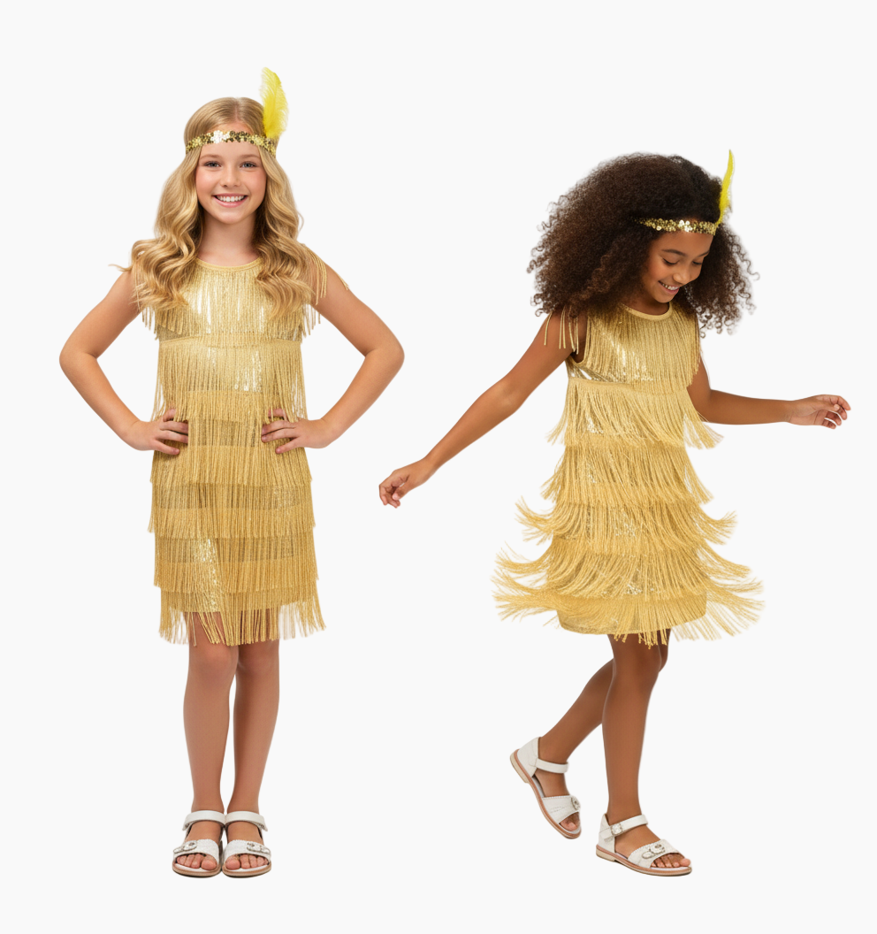 Girl's 1920s Flapper Dress with Sequins and Fringe
