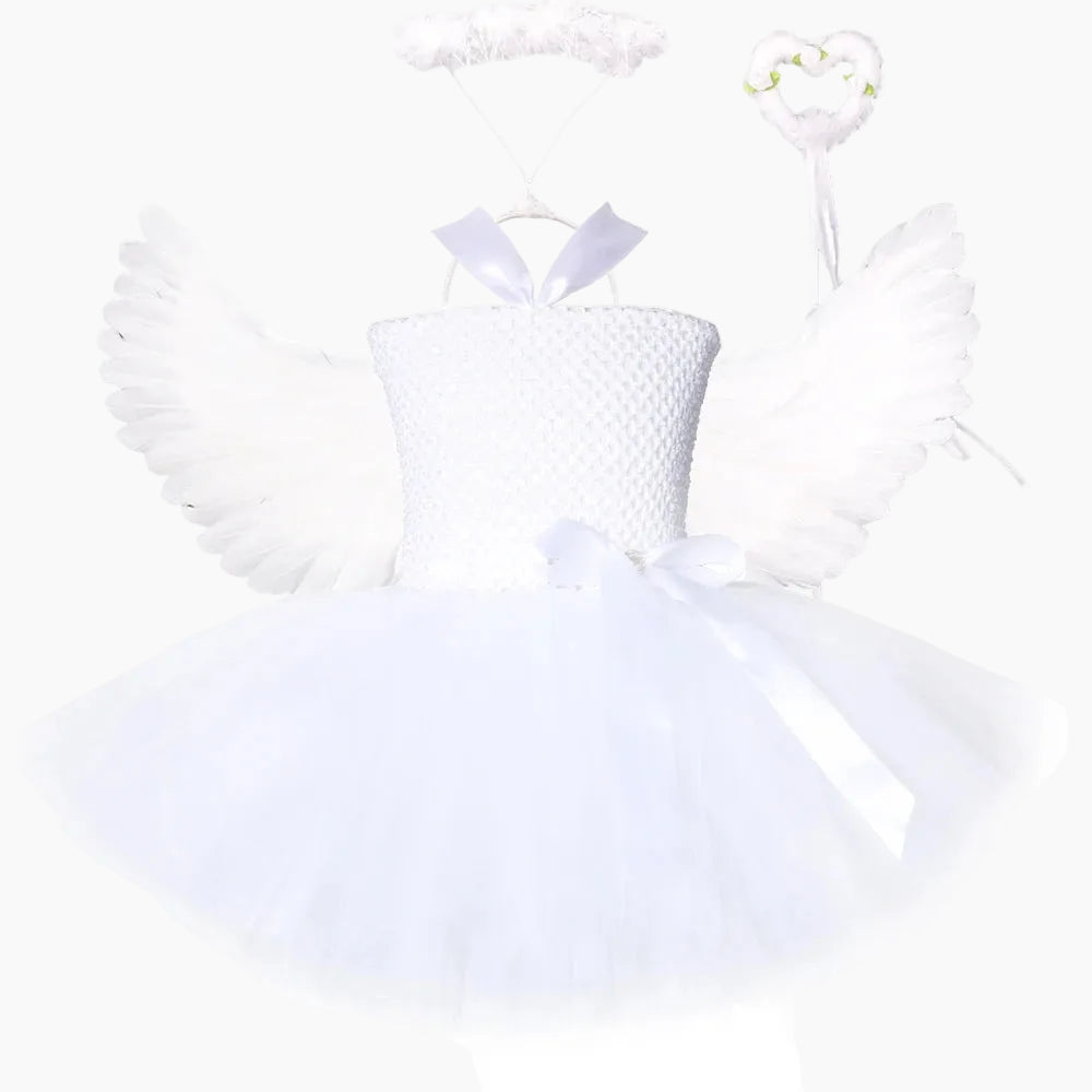 White girls angel tutu costume dress with a tulle skirt and ribbon bow.