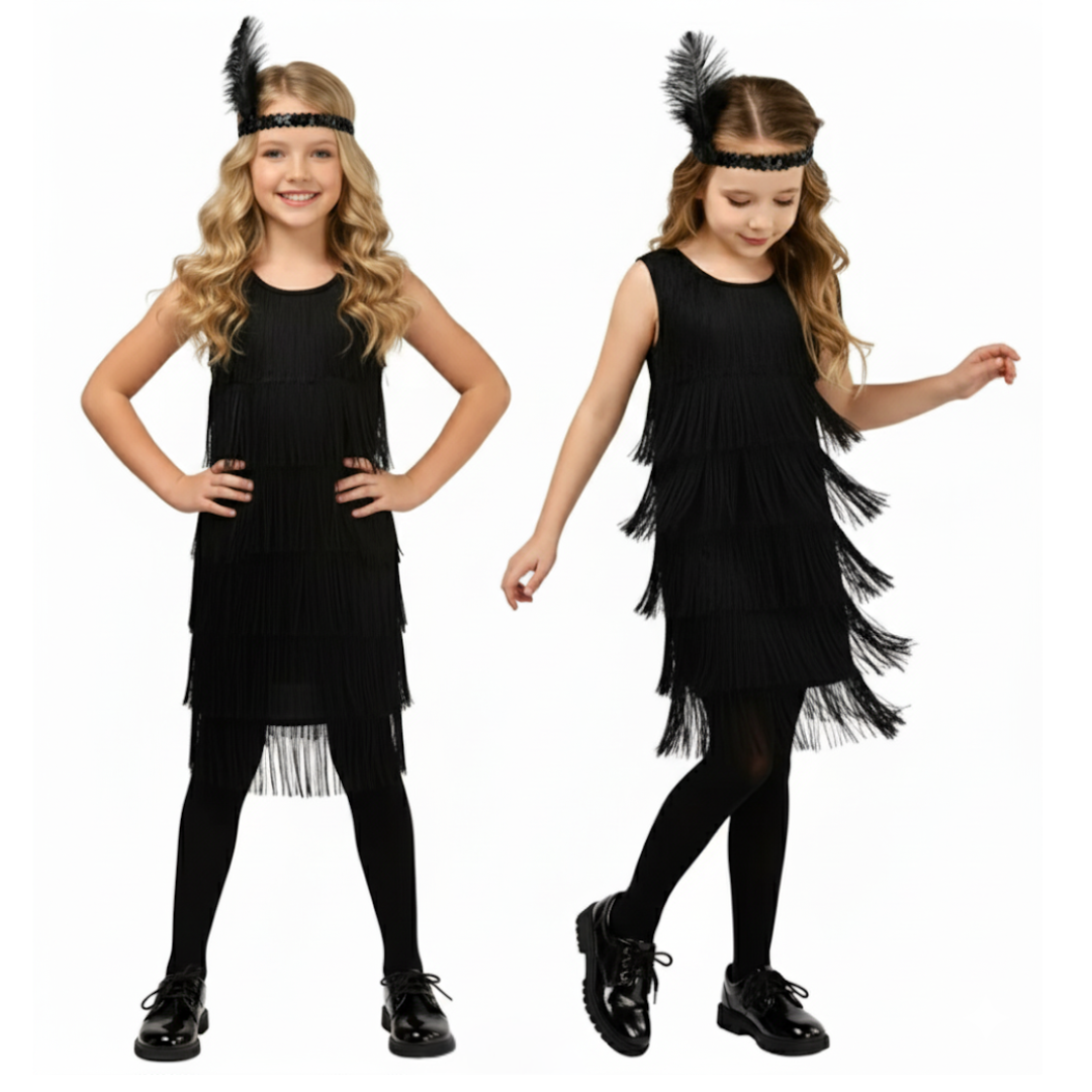 Girl's 1920s Flapper Dress with Sequins and Fringe