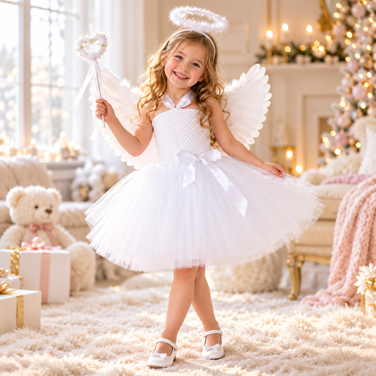 Girls White Angel Tutu Costume Dress