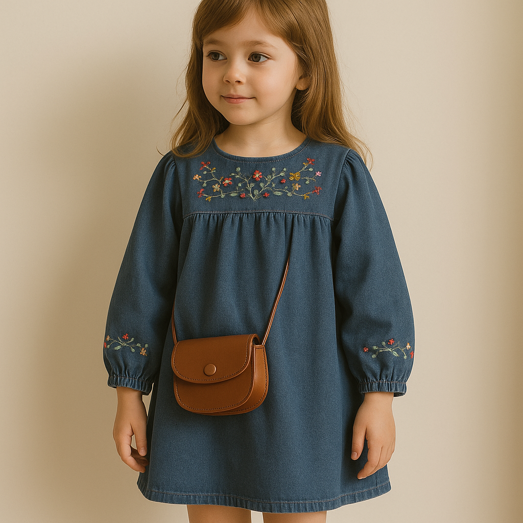Girls Embroidered Long Sleeve Denim Dress