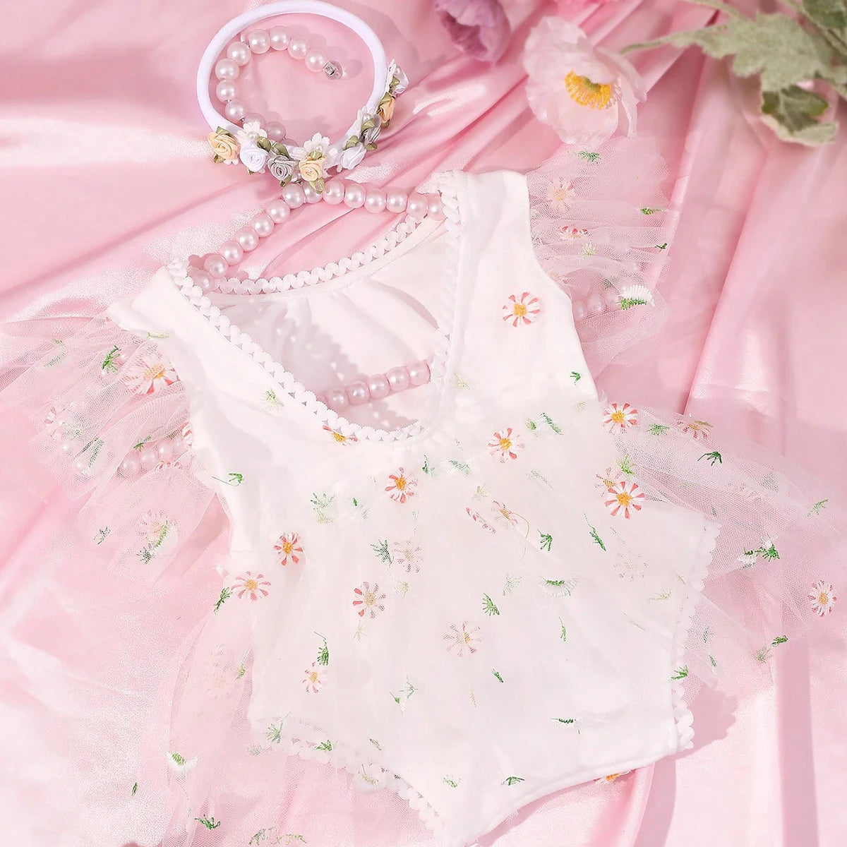Newborn Daisy Embroidered Romper- Baby Girl Mesh Photo Outfit