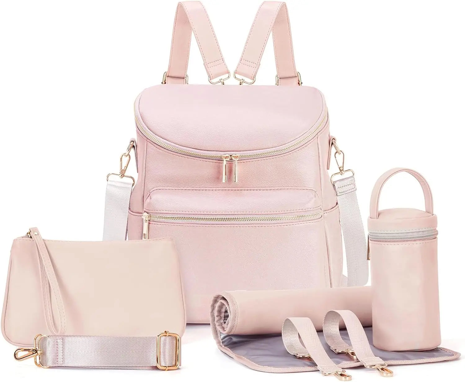 5-in-1 Leather Diaper Backpack Set for Stylish Moms