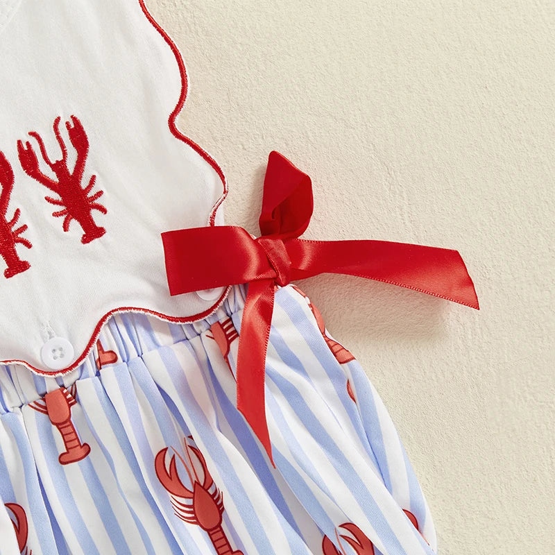 Baby Girl Lobster Embroidery Stripe Sleeveless Romper with Red Bows