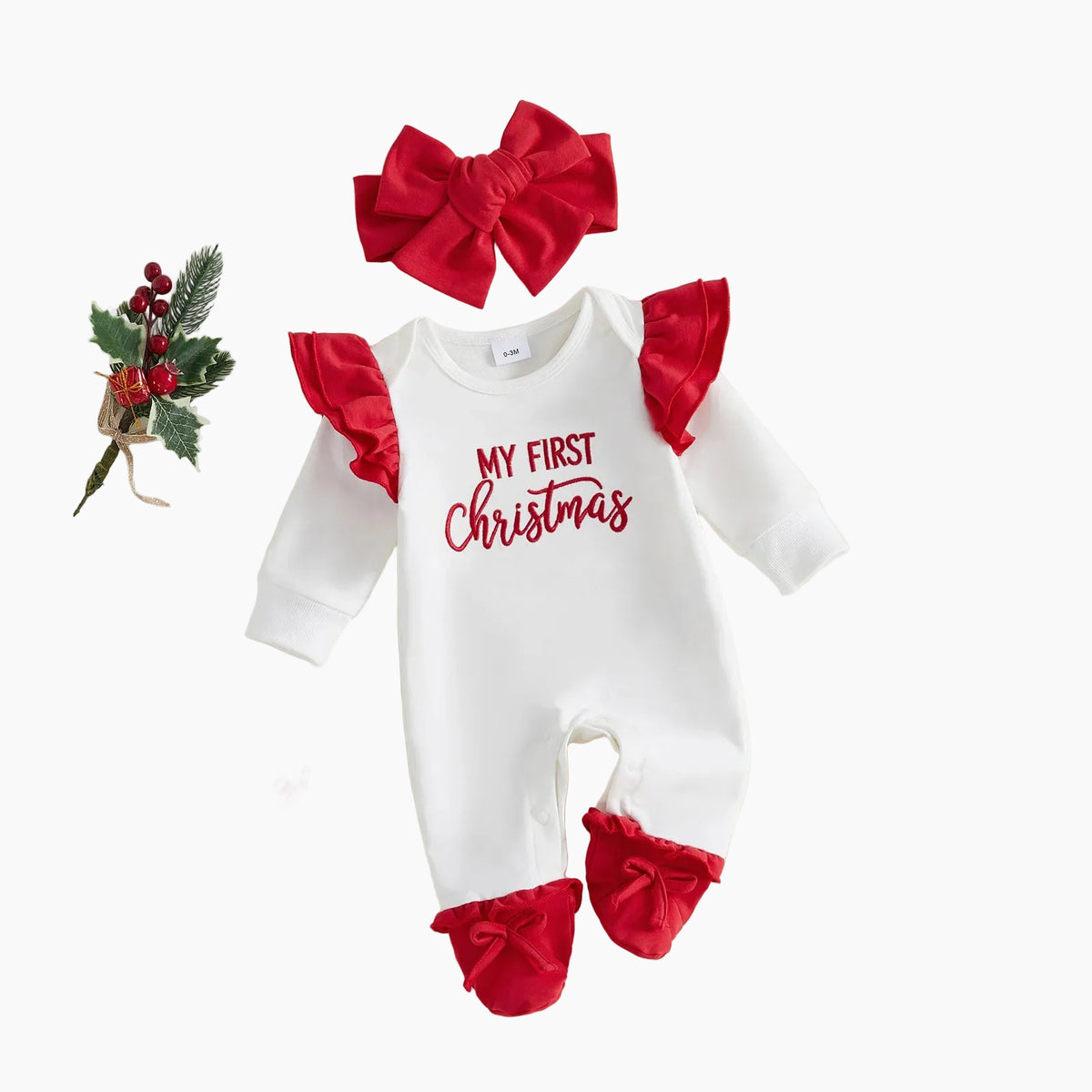 Baby Girl First Christmas Ruffle Romper &amp; Headband Set