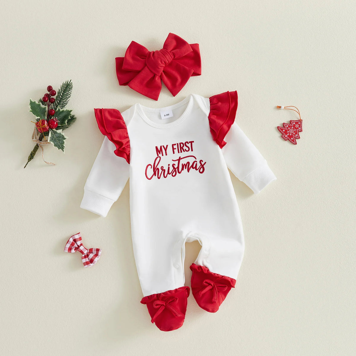 Baby Girl First Christmas Ruffle Romper & Headband Set