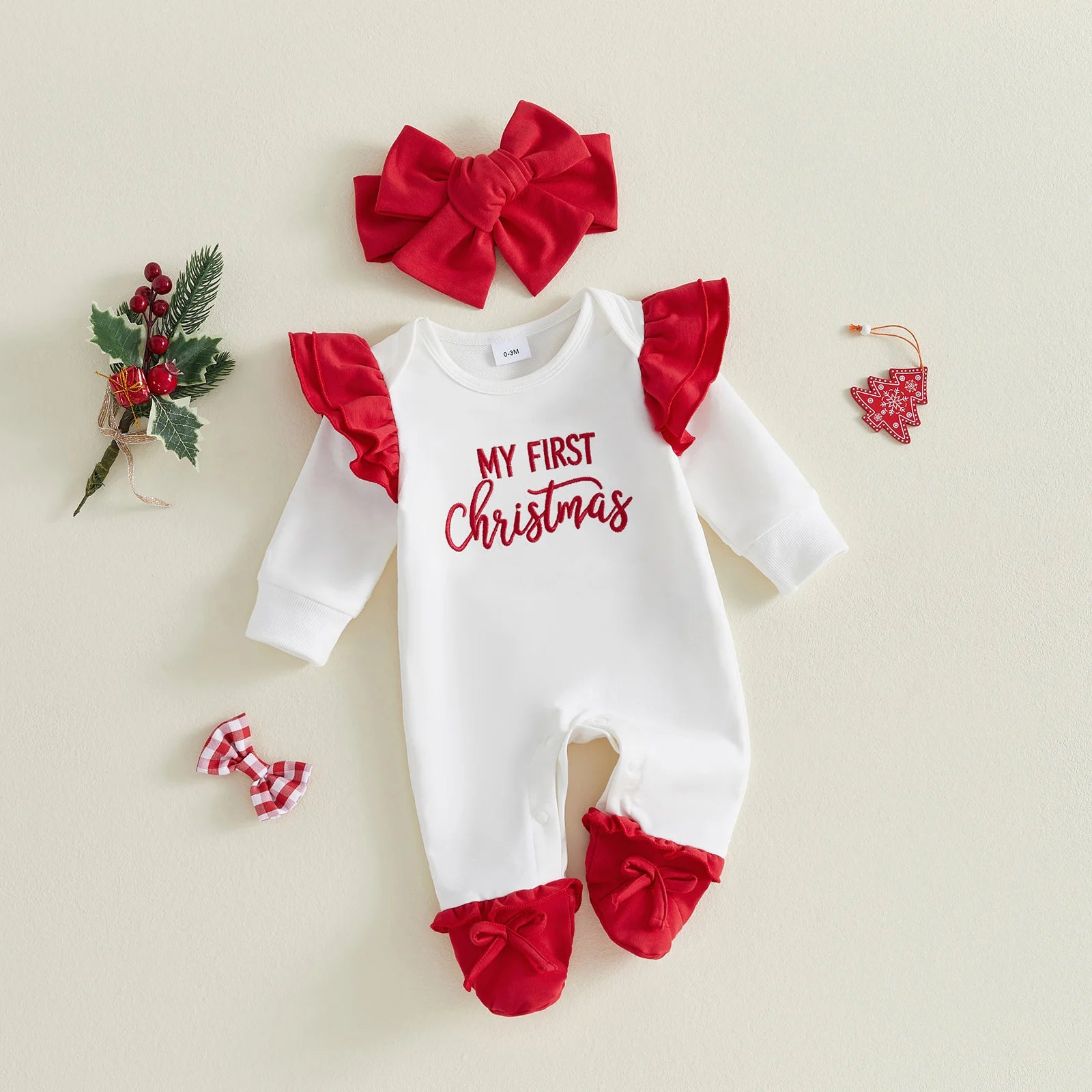 Baby Girl First Christmas Ruffle Romper & Headband Set