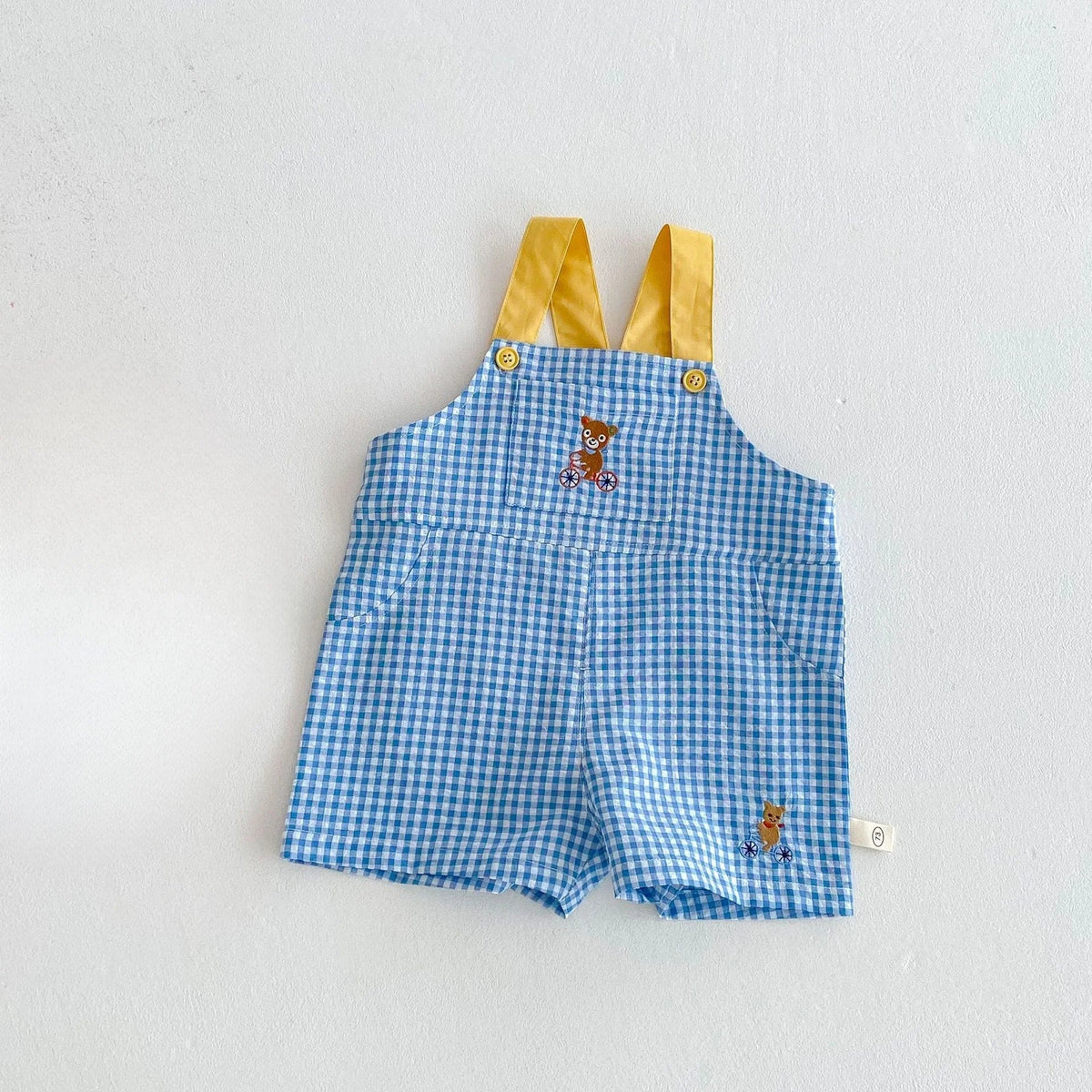 Unisex Checkered Overalls with Bear Embroidery