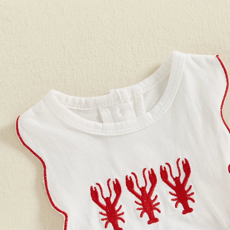 Baby Girl Lobster Embroidery Stripe Sleeveless Romper with Red Bows