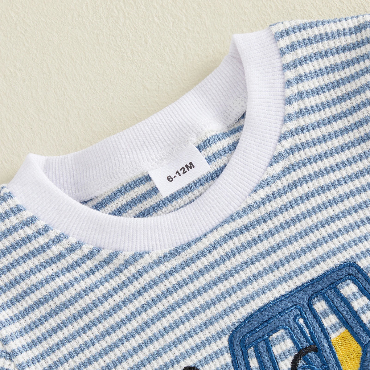 Baby Boy Vehicle Embroidery Waffle Stripe T-Shirt & Elastic Shorts 2-Piece Summer Set