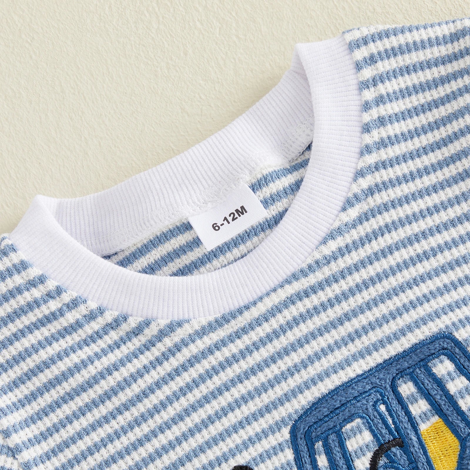 Baby Boy Vehicle Embroidery Waffle Stripe T-Shirt & Elastic Shorts 2-Piece Summer Set