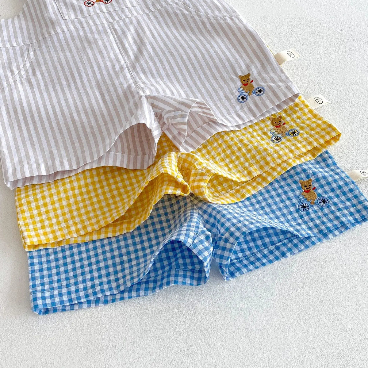 Unisex Checkered Overalls with Bear Embroidery