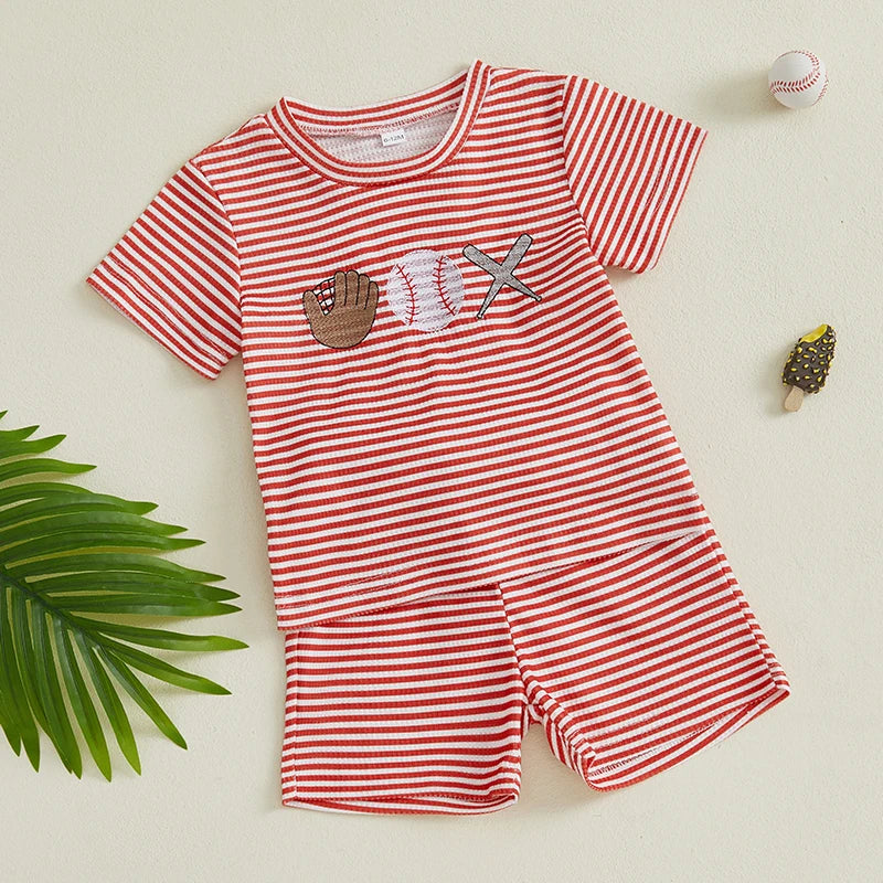 2-Piece Boys' Striped Baseball Embroidery Shorts Set