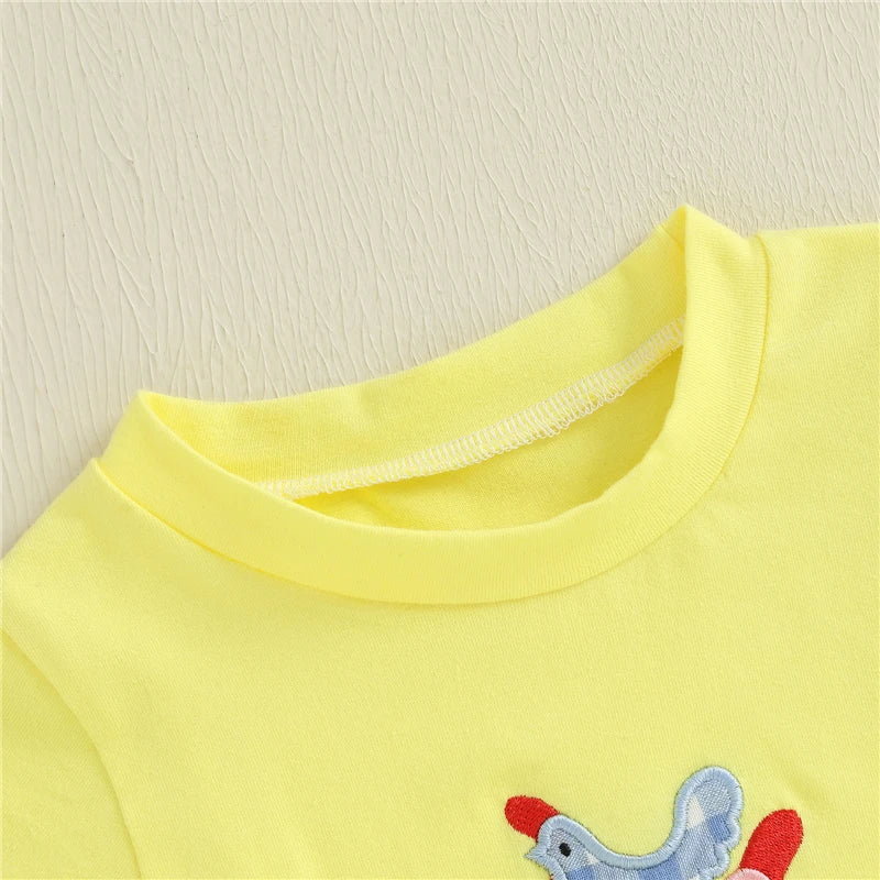 Toddler Boy Stacked Chick Embroidery Yellow T-Shirt & Blue Plaid Shorts 2-Piece Summer Set