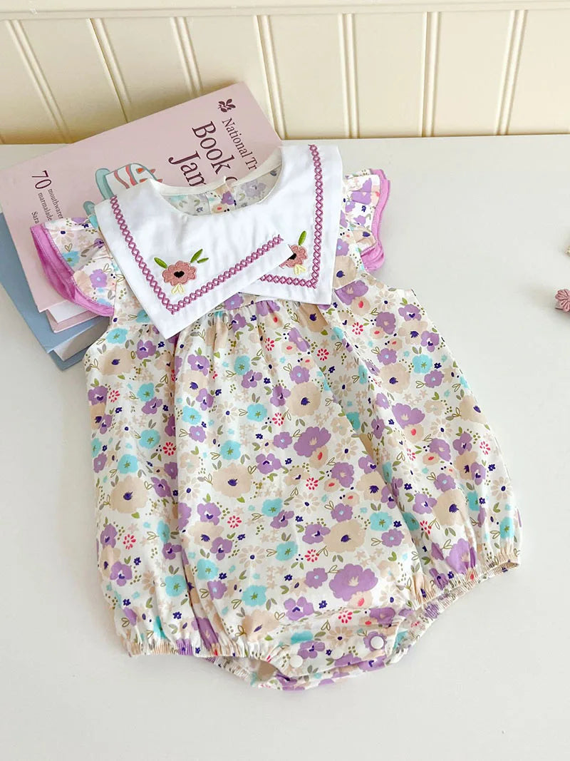 Baby Girl Floral Embroidery Square Collar Sleeveless Bodysuit | Newborn Jumpsuit