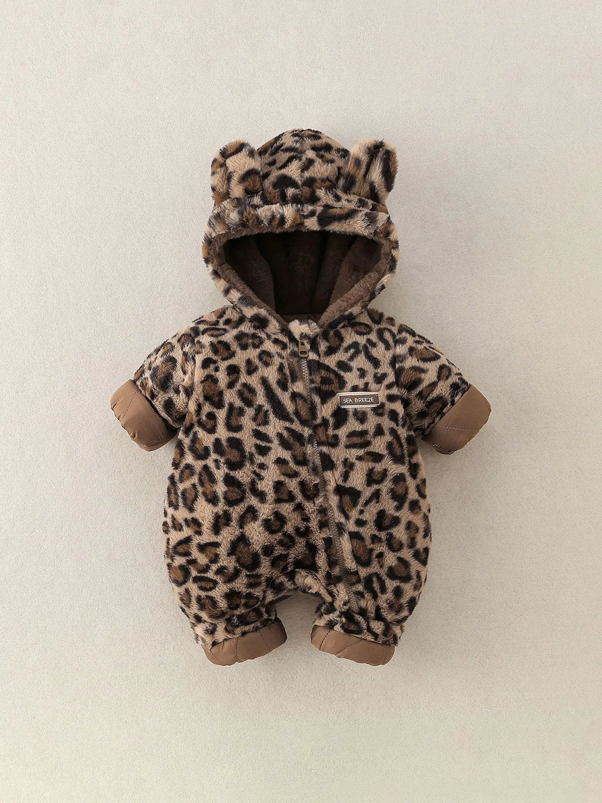 Baby Winter Hooded Romper with Fur Lining Leopard Print