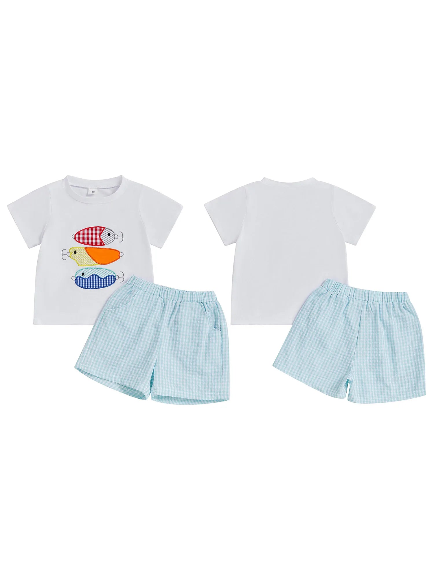 Fish Print T-Shirt and Gingham Shorts Set