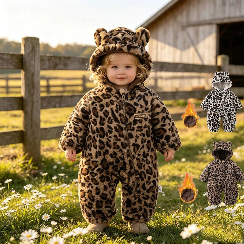 Baby Winter Hooded Romper with Fur Lining Leopard Print