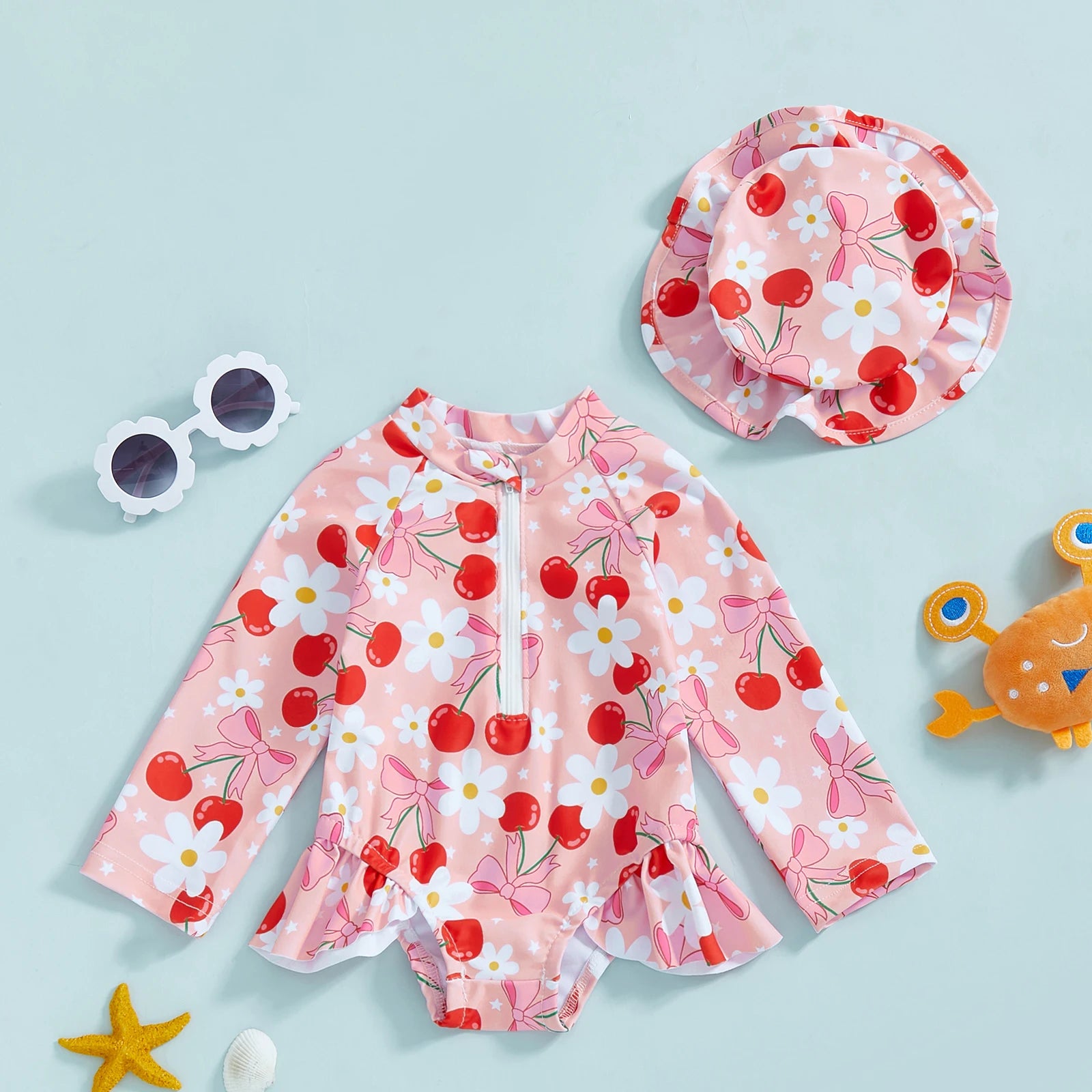 Floral Print Rash Guard & Hat Swimsuit Set