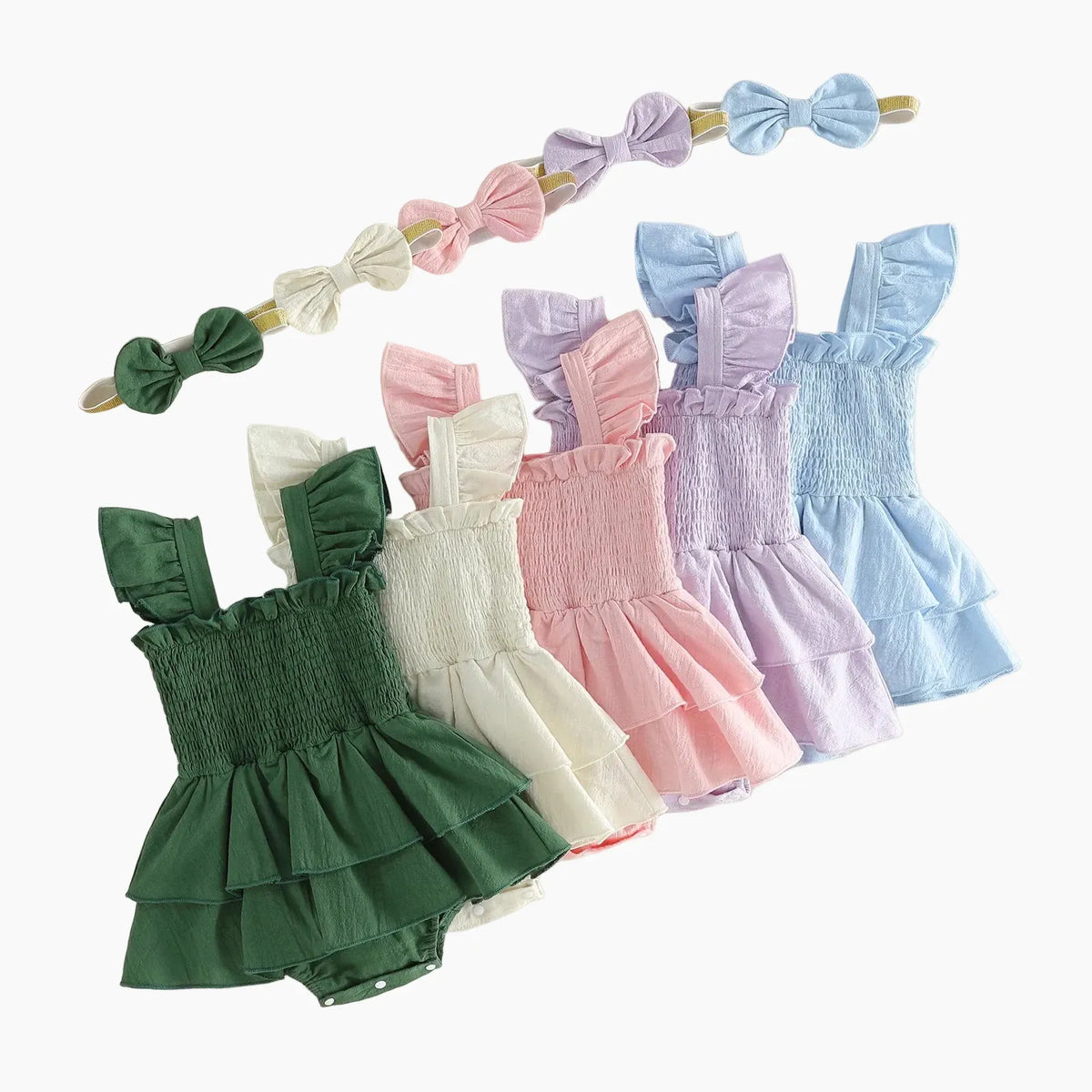 Baby Girl Fly Sleeve Solid Layered Romper Dress with Bow Headband