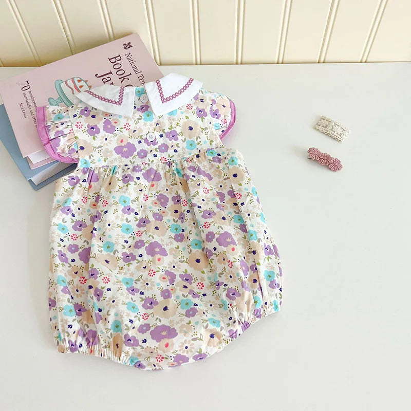 Baby Girl Floral Embroidery Square Collar Sleeveless Bodysuit | Newborn Jumpsuit